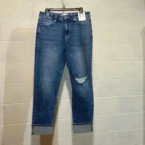 Nature Denim Women's Mom Jeans Stone Washed Distressed‎ High Rise Cuffed Stretch